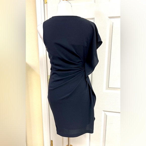 Authentic PRADA Silk Side ruched ruffle asymmetric mini navy dress womens size 4 - Picture 7 of 9